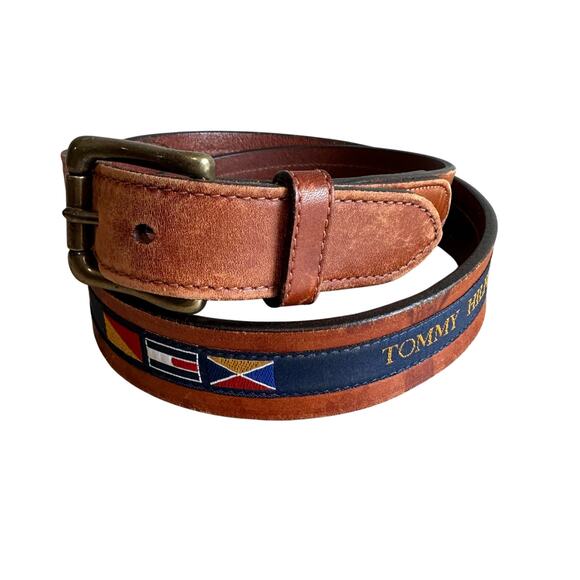 Tommy Hilfiger Vintage Spellout Logo Flags Brown Leather Branded Belt 34 - Picture 1 of 13